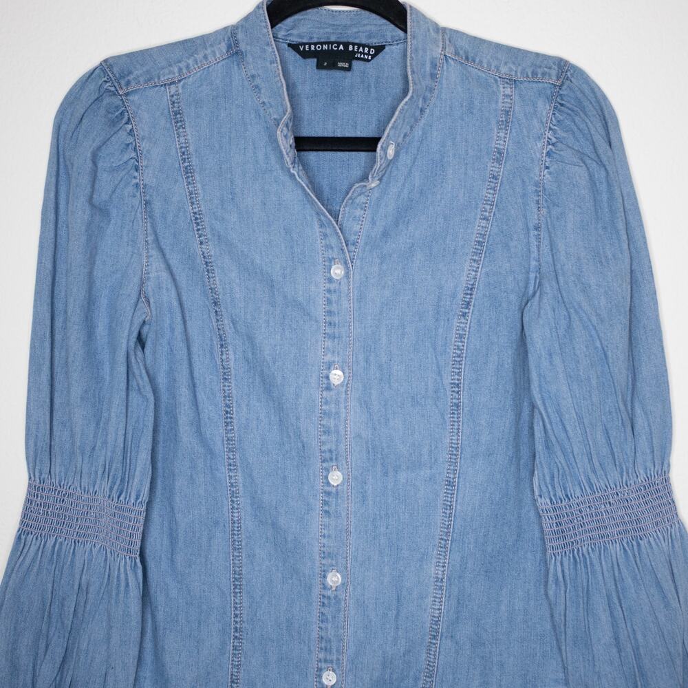 Veronica Beard Dalton Shirt Mystic Blue Button Front Puff Sleeves Chambray SZ 2 - Picture 6 of 8